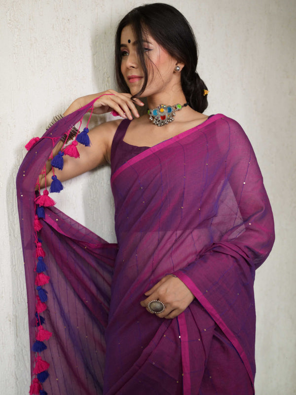 Handloom Mul Cotton Saree With Sequin Work-Purple