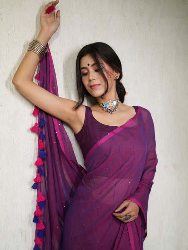 Handloom Mul Cotton Saree With Sequin Work-Purple