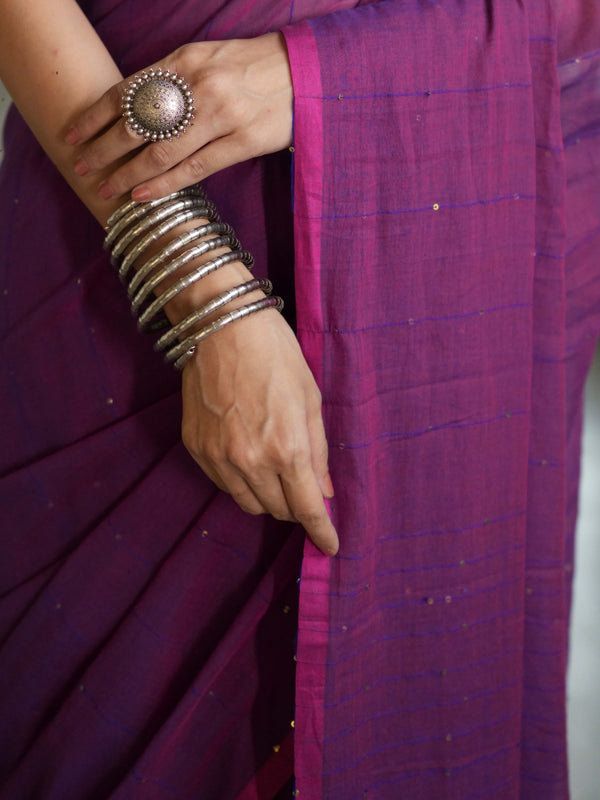 Handloom Mul Cotton Saree With Sequin Work-Purple