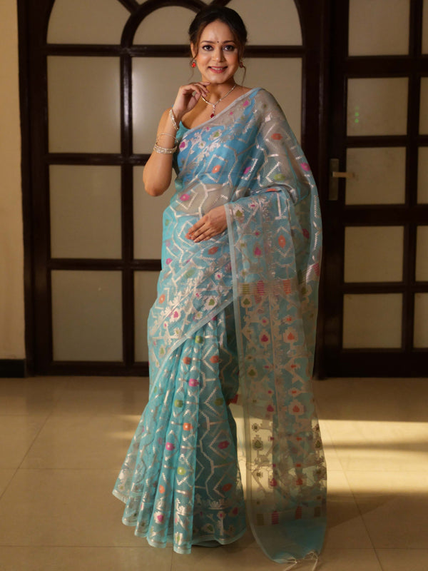 Banarasee Organza Mix Saree With Zari Design-Blue