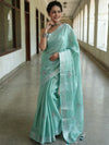 Banarasee Handloom Linen Saree With Mirror Work-Sea Green