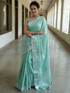 Banarasee Handloom Linen Saree With Mirror Work-Sea Green