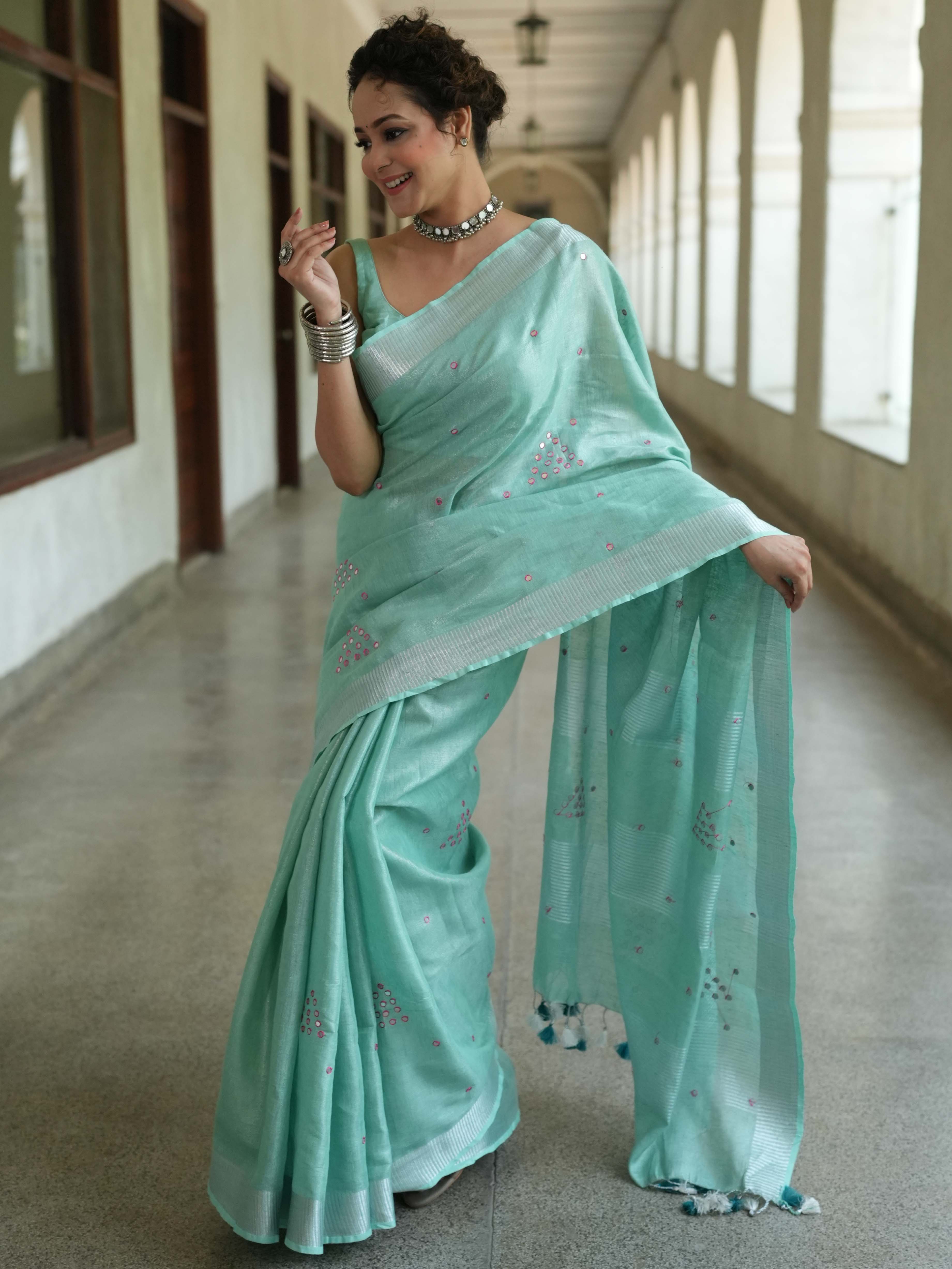 Banarasee Handloom Linen Saree With Mirror Work-Sea Green