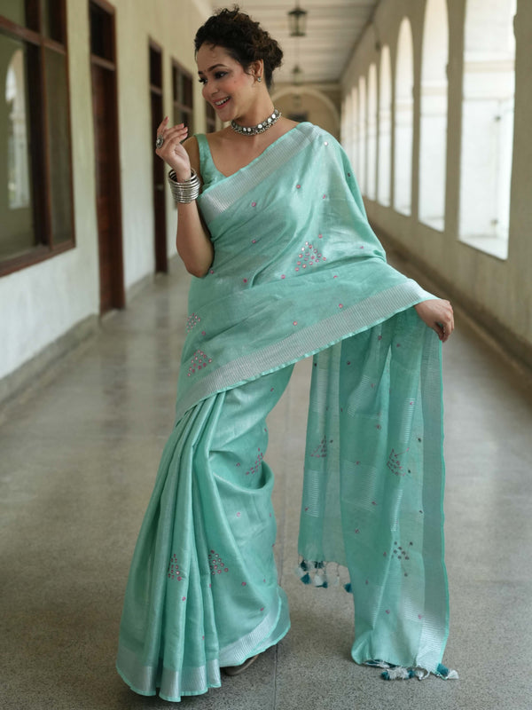 Banarasee Handloom Linen Saree With Mirror Work-Sea Green