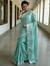 Banarasee Handloom Linen Saree With Mirror Work-Sea Green