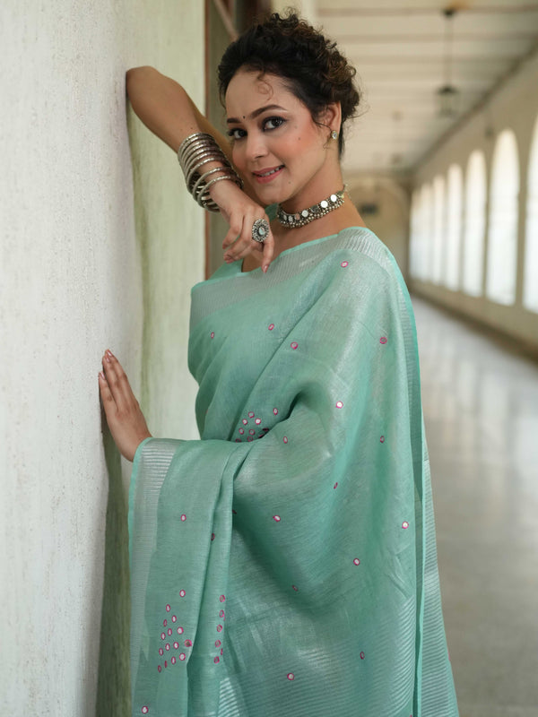 Banarasee Handloom Linen Saree With Mirror Work-Sea Green