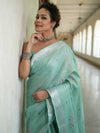 Banarasee Handloom Linen Saree With Mirror Work-Sea Green