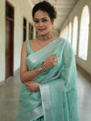 Banarasee Handloom Linen Saree With Mirror Work-Sea Green