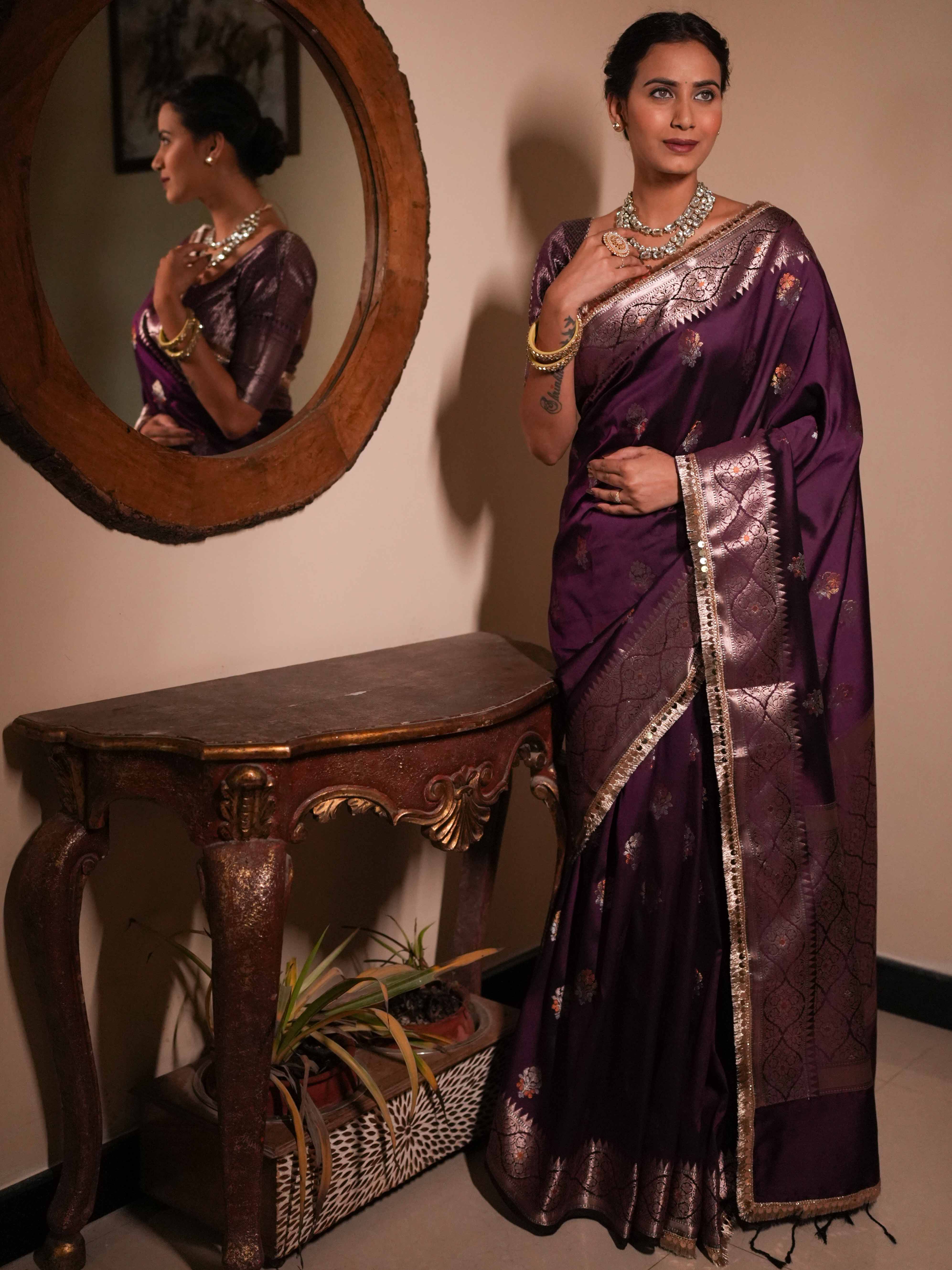 Banarasee Handwoven Semi Silk Saree With Zari Buti Design & Lace-Wine