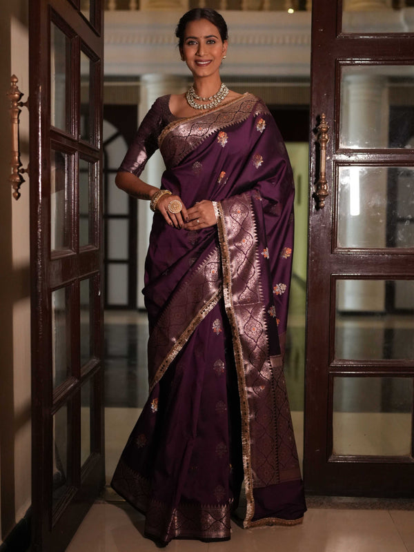 Banarasee Handwoven Semi Silk Saree With Zari Buti Design & Lace-Wine