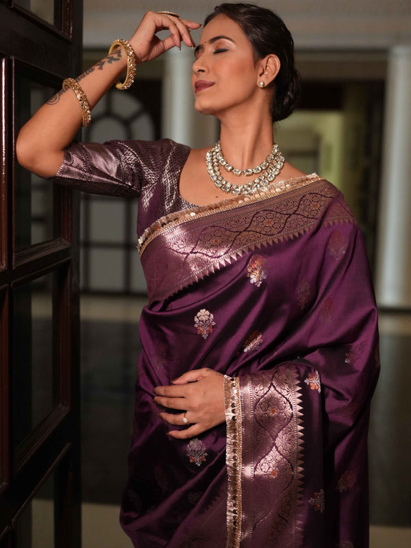 Banarasee Handwoven Semi Silk Saree With Zari Buti Design & Lace-Wine