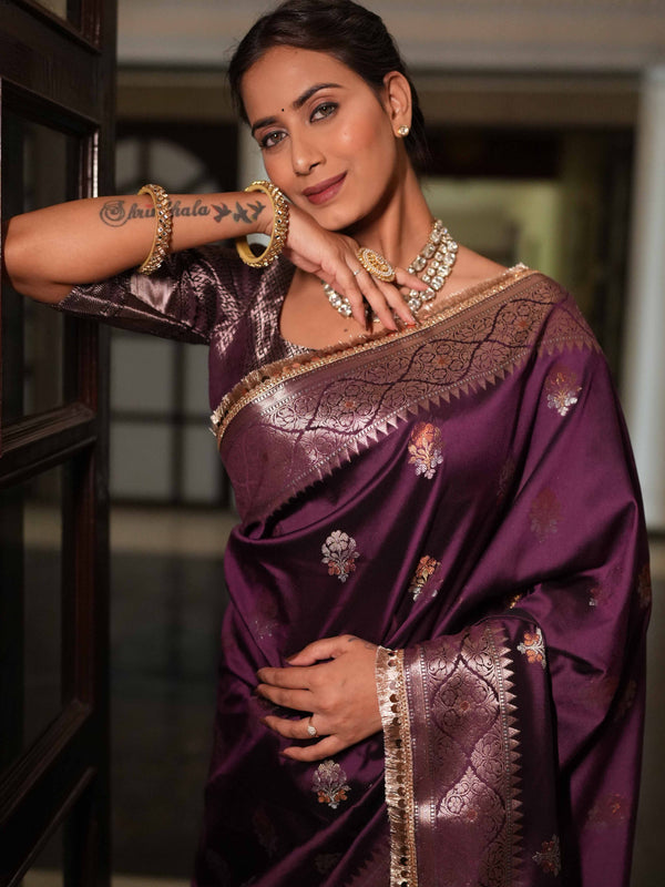 Banarasee Handwoven Semi Silk Saree With Zari Buti Design & Lace-Wine