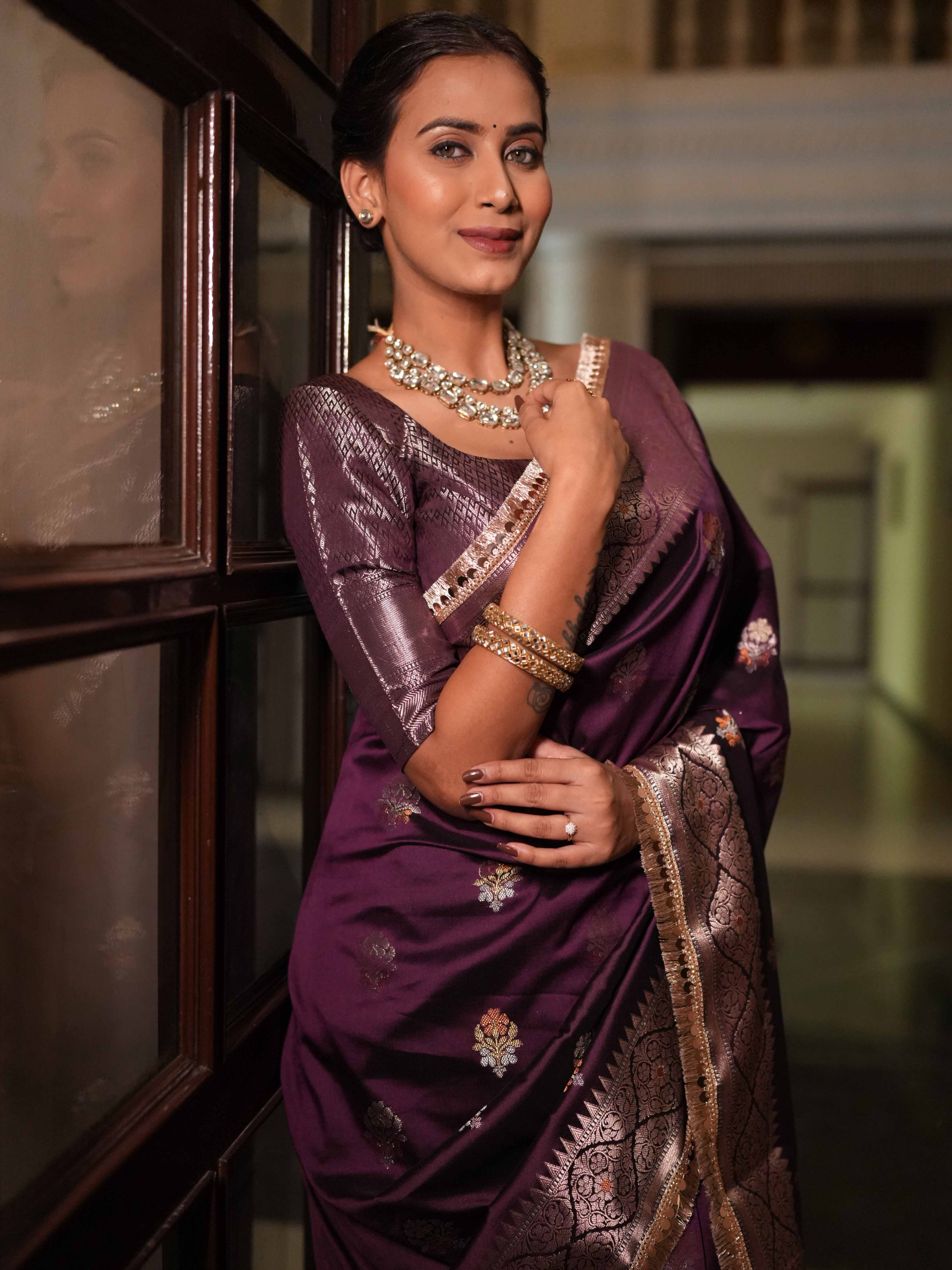 Banarasee Handwoven Semi Silk Saree With Zari Buti Design & Lace-Wine