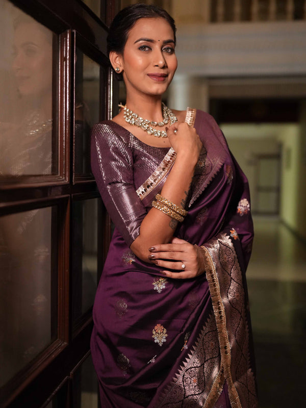 Banarasee Handwoven Semi Silk Saree With Zari Buti Design & Lace-Wine