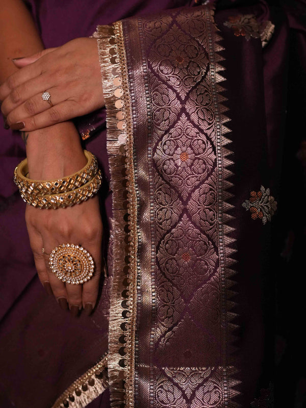 Banarasee Handwoven Semi Silk Saree With Zari Buti Design & Lace-Wine