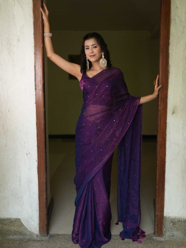 Banarasee Dual Shaded Chiffon Saree With Mirror Work-Violet
