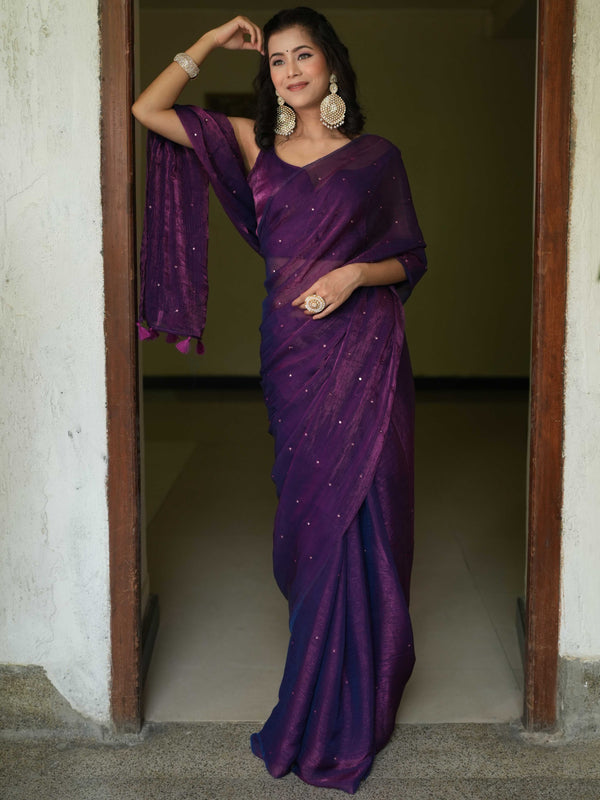 Banarasee Dual Shaded Chiffon Saree With Mirror Work-Violet