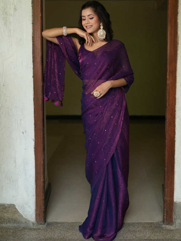 Banarasee Dual Shaded Chiffon Saree With Mirror Work-Violet