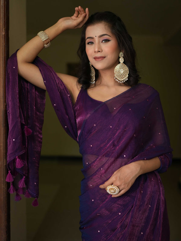 Banarasee Dual Shaded Chiffon Saree With Mirror Work-Violet