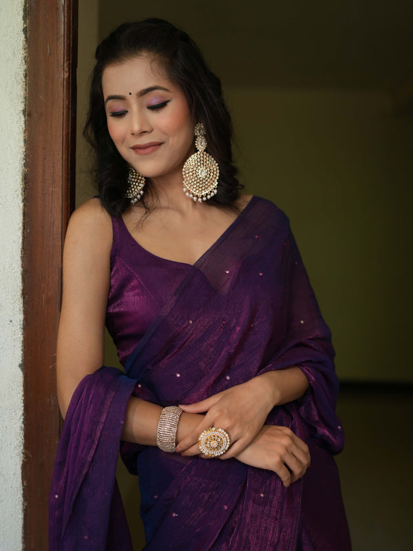 Banarasee Dual Shaded Chiffon Saree With Mirror Work-Violet