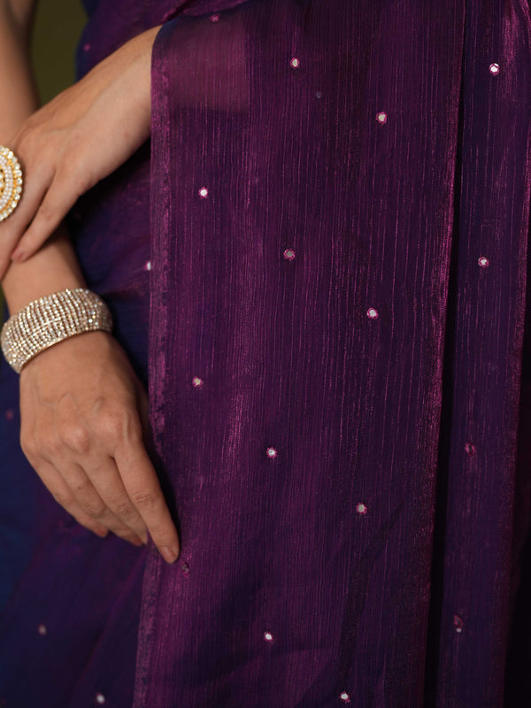 Banarasee Dual Shaded Chiffon Saree With Mirror Work-Violet