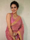 Banarasee Handloom Linen Saree With Mirror Work-Pink