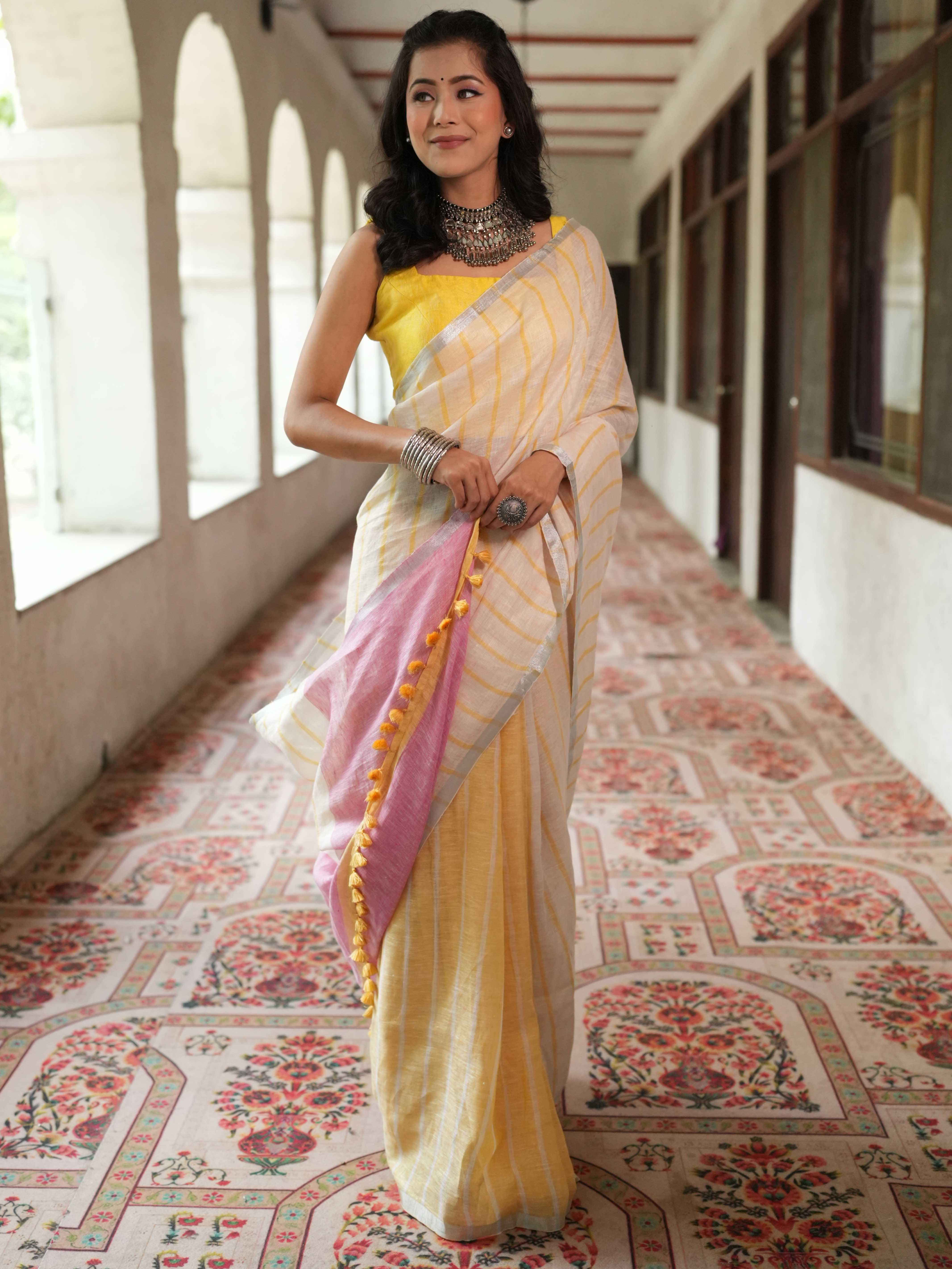 Bhagalpur Handloom Pure Linen Cotton Saree-White & Yellow