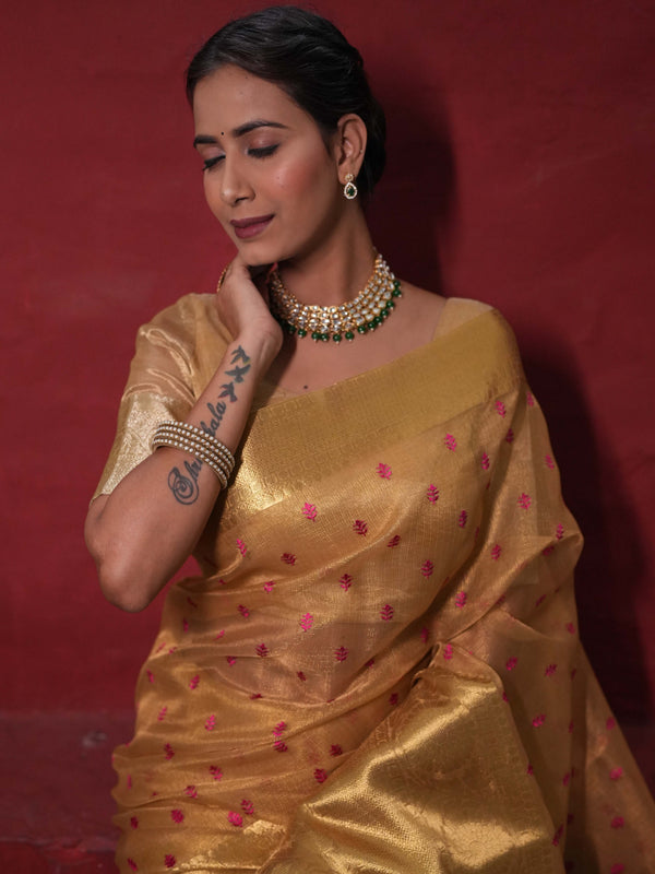 Banarasee Handwoven Broad Border Tissue Saree With Embroidered Design-Gold