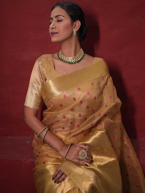 Banarasee Handwoven Broad Border Tissue Saree With Embroidered Design-Gold