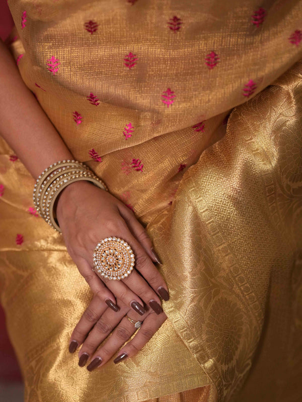 Banarasee Handwoven Broad Border Tissue Saree With Embroidered Design-Gold
