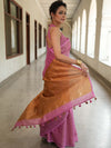 Banarasee Handloom Linen Saree With Mirror Work-Pink