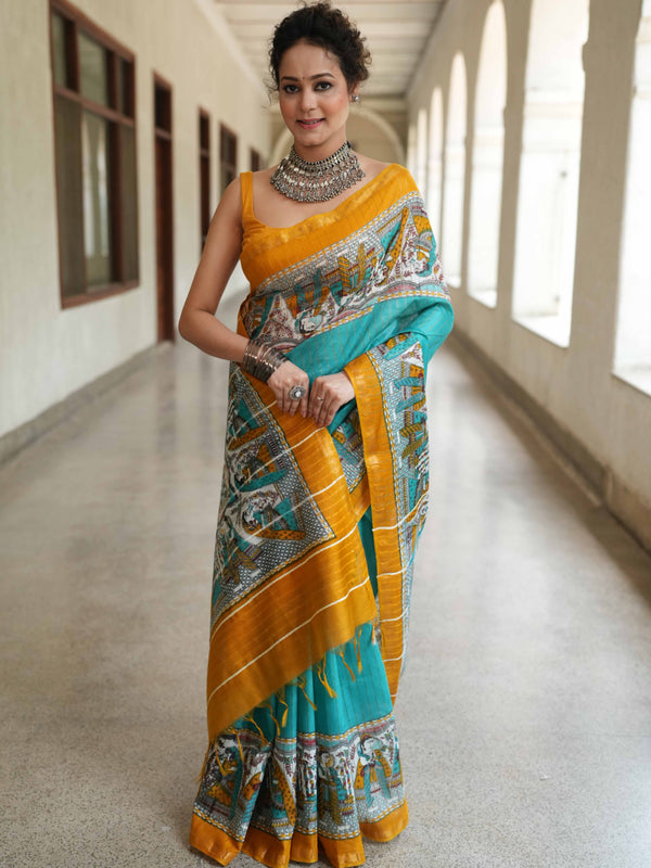 Bhagalpur Cotton Silk Ghichha Work Saree With Madhubani Print-Green & Yellow