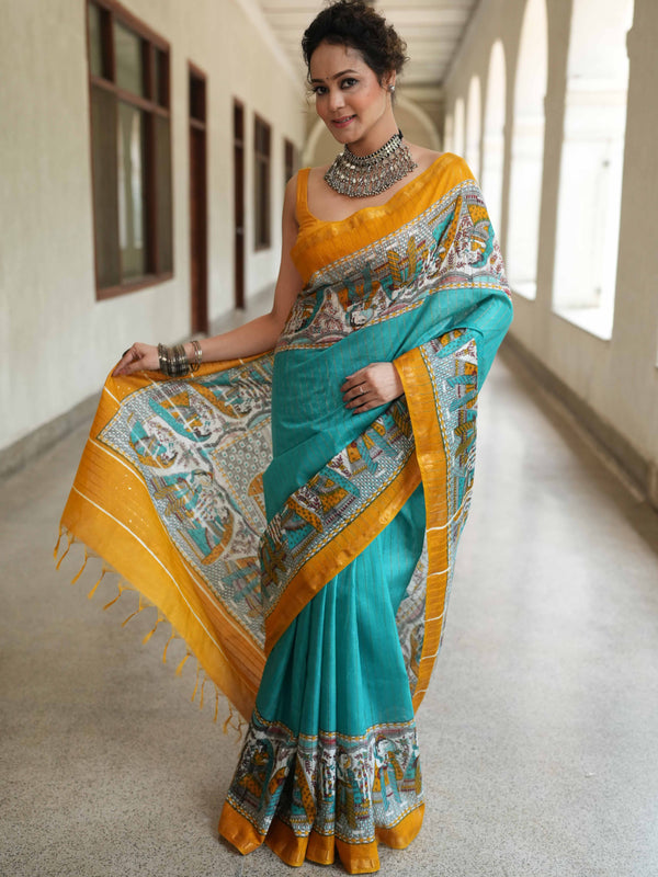 Bhagalpur Cotton Silk Ghichha Work Saree With Madhubani Print-Green & Yellow