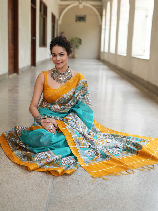Bhagalpur Cotton Silk Ghichha Work Saree With Madhubani Print-Green & Yellow