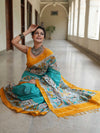 Bhagalpur Cotton Silk Ghichha Work Saree With Madhubani Print-Green & Yellow