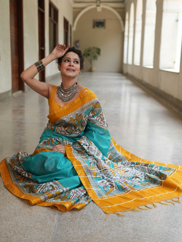 Bhagalpur Cotton Silk Ghichha Work Saree With Madhubani Print-Green & Yellow