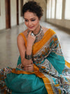 Bhagalpur Cotton Silk Ghichha Work Saree With Madhubani Print-Green & Yellow