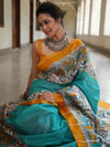 Bhagalpur Cotton Silk Ghichha Work Saree With Madhubani Print-Green & Yellow