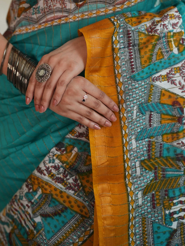 Bhagalpur Cotton Silk Ghichha Work Saree With Madhubani Print-Green & Yellow