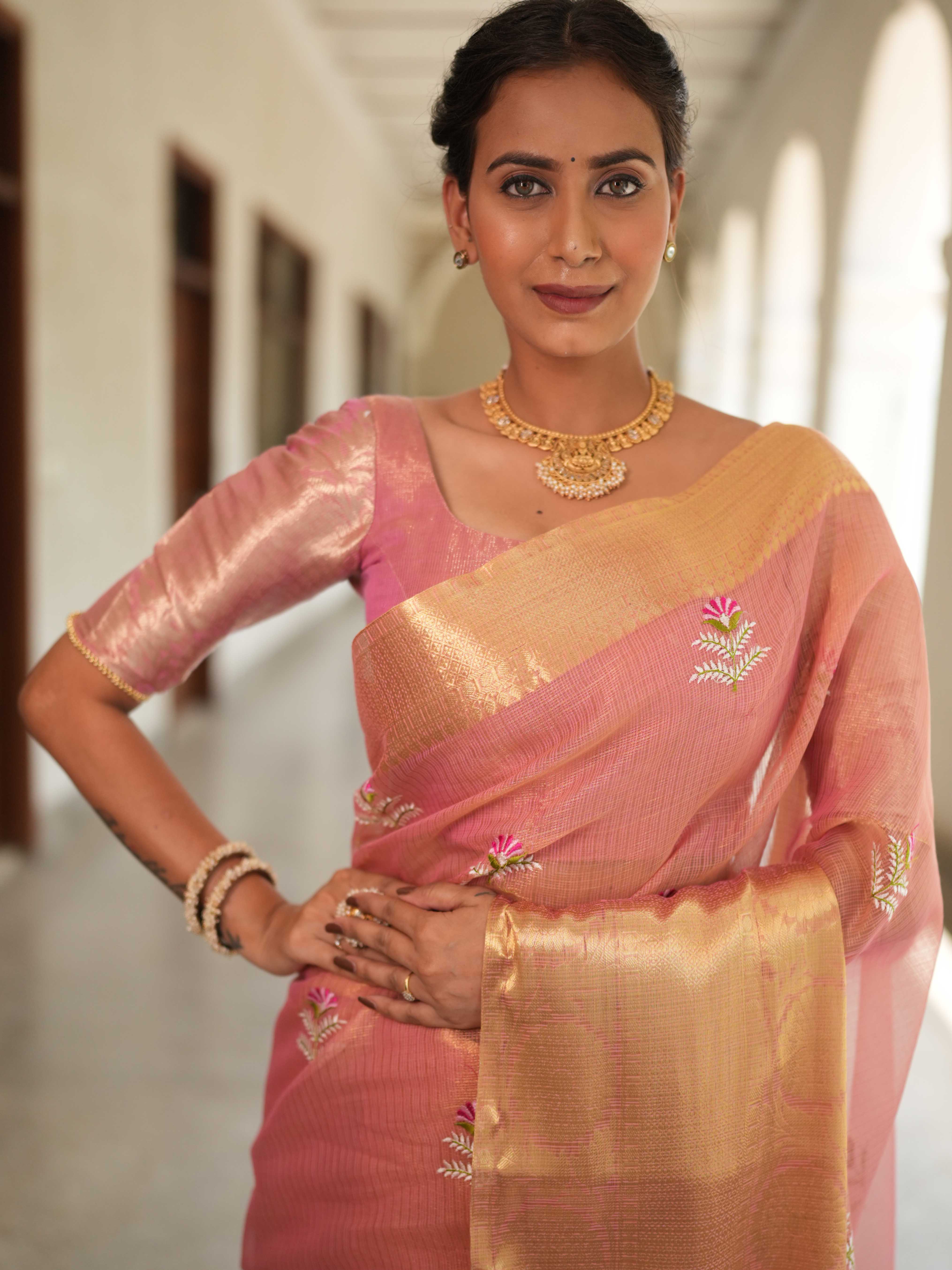 Banarasee Handwoven Broad Border Tissue Saree With Embroidered Design-Pink