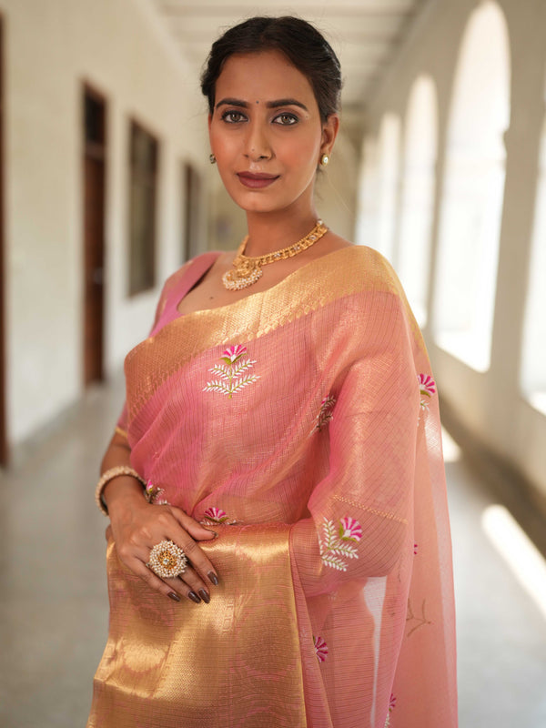 Banarasee Handwoven Broad Border Tissue Saree With Embroidered Design-Pink