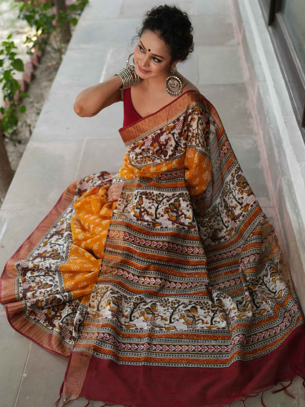Bhagalpur Cotton Silk Ghichha Work Saree With Madhubani Print-Yellow & Maroon