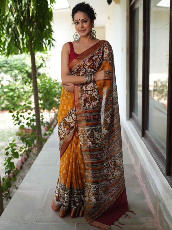 Bhagalpur Cotton Silk Ghichha Work Saree With Madhubani Print-Yellow & Maroon