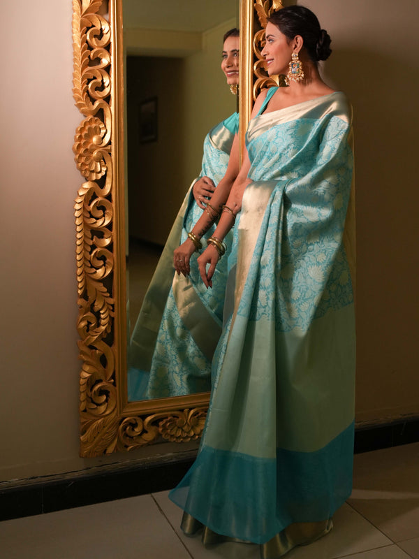 Banarasee Handwoven Semi Silk Saree With Zari Jaal Design-Green