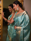 Banarasee Handwoven Semi Silk Saree With Zari Jaal Design-Green