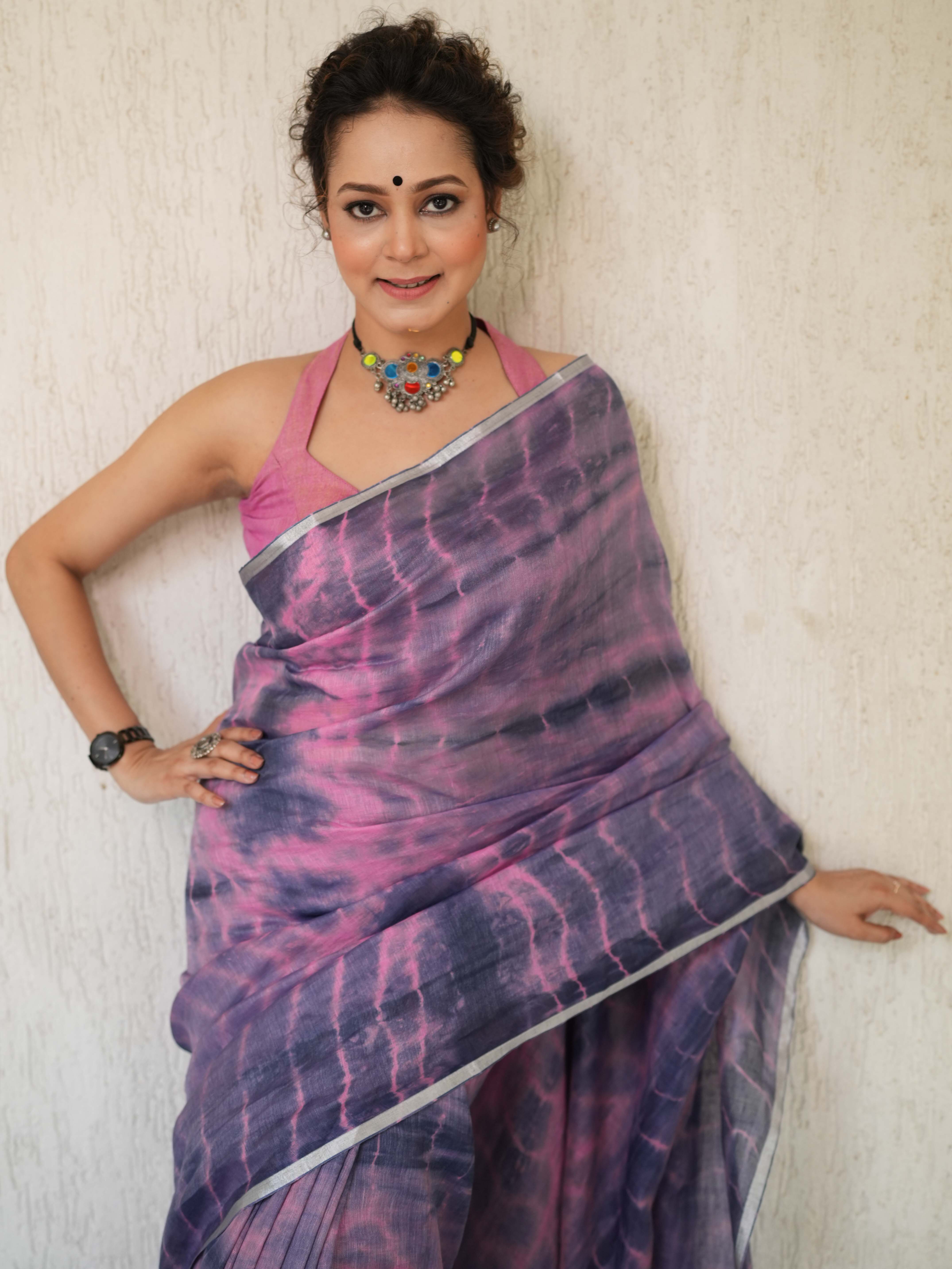 Bhagalpur Handloom Pure Linen Cotton Hand Dyed Shibori Pattern Saree-Purple & Pink