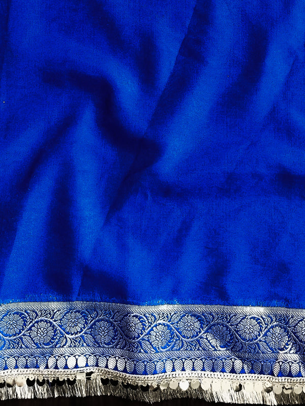 Banarasee Handwoven Semi-Chiffon Dual Color Saree With Silver Zari & Lace-Blue