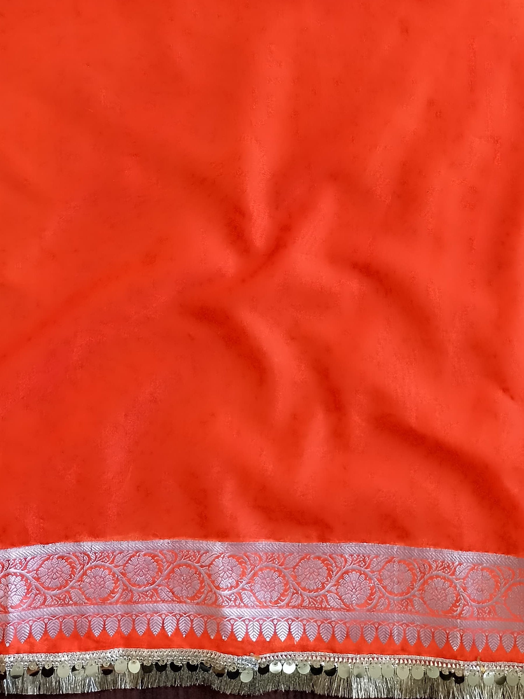 Banarasee Handwoven Semi-Chiffon Dual Color Saree With Silver Zari & Lace-Orange & Pink