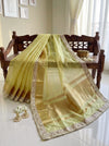 Banarasee Handwoven Tissue Saree With Floral Zari Border & Mirror Work Lace–Light Yellow