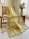 Banarasee Handwoven Tissue Saree With Floral Zari Border & Mirror Work Lace–Light Yellow